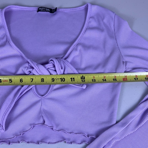 Nasty Gal lilac lavender ribbed tie-front bell-sleeve crop top lettuce edges - Picture 7 of 12